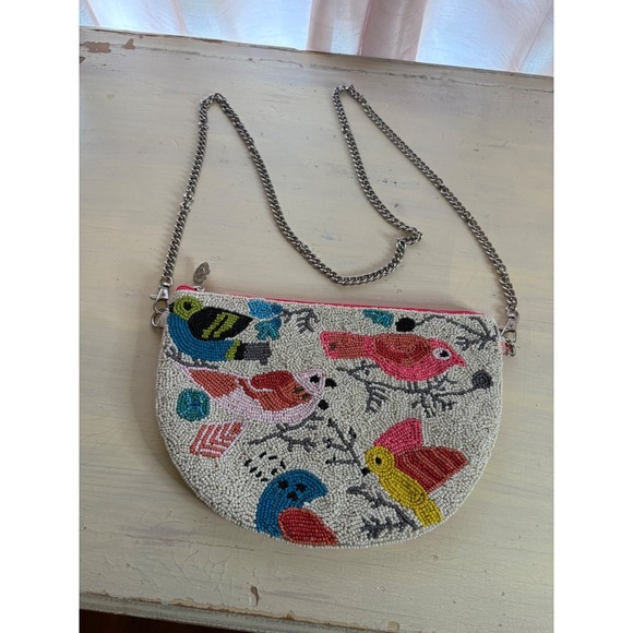 America & Beyond Beaded Birds Clutch Purse Handbag Crossbody Chain Boho Festival - Picture 1 of 5